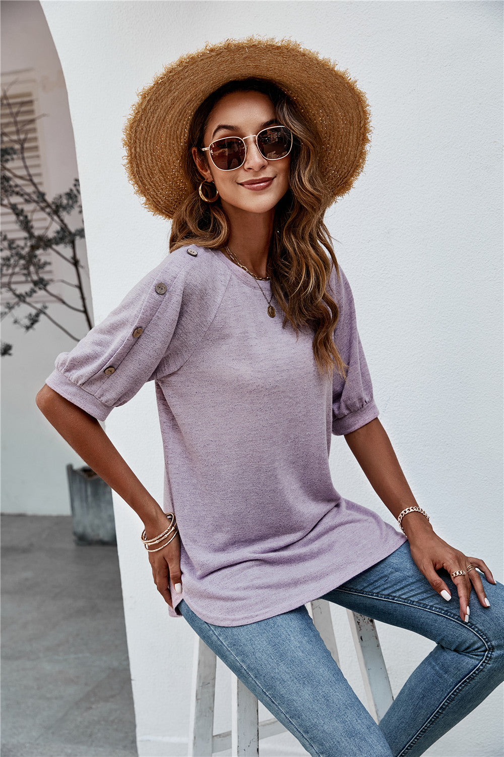 Round Neck Button Up T-Shirt-Women/1-1-1-1-1