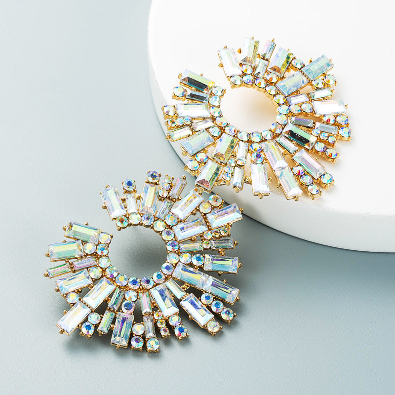 Women Shiny Rhinestone Sun Flower Design Alloy  Irregular Statement Stud Earrings