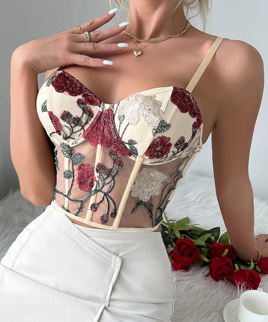 Vintage Mesh Floral Embroidery Boning Cami Crop Top/1-1-1