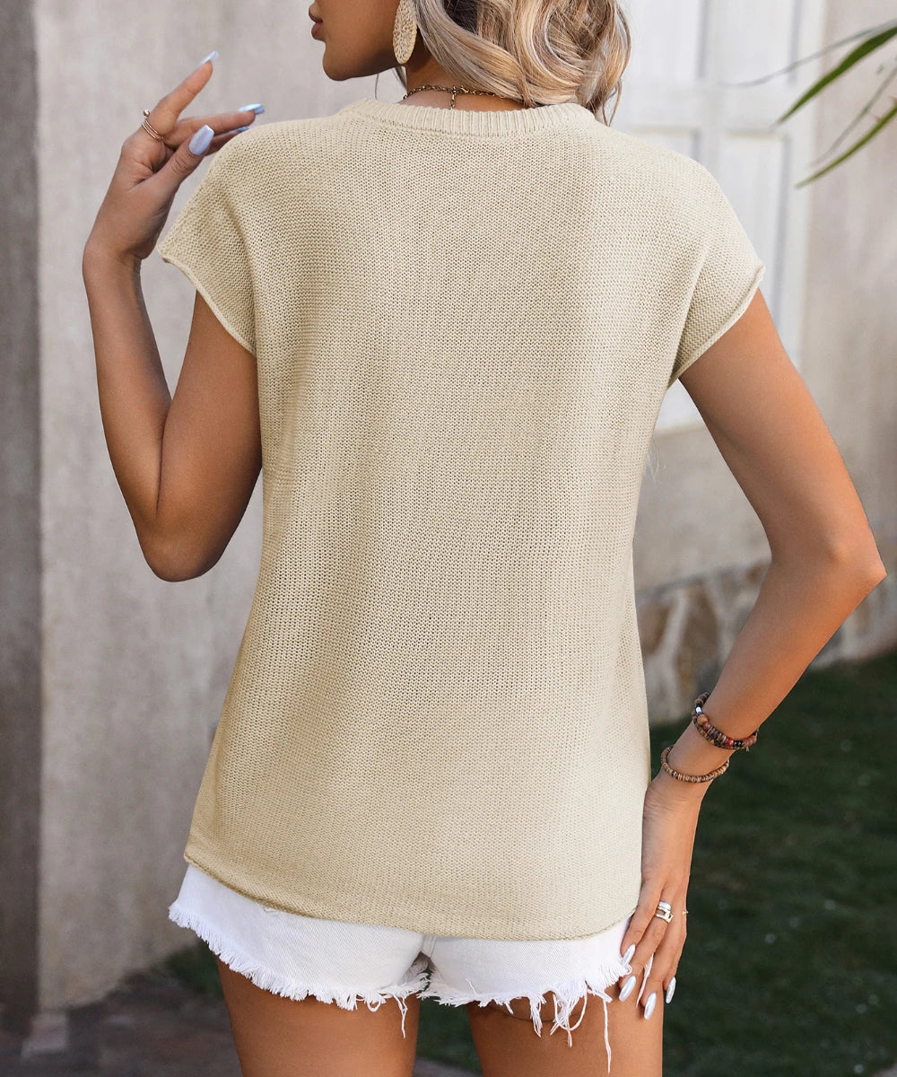 Women Solid Color Casual Short Sleeve Knit Sweater Summer T-Shirt Top/1-1-1-1