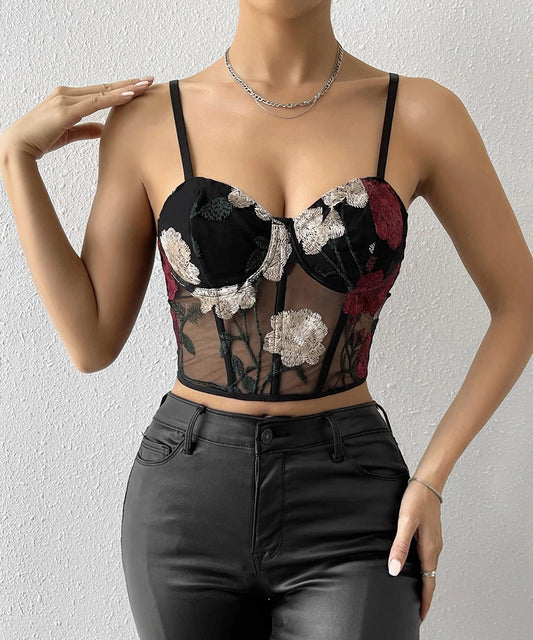 Vintage Embroidery Flower Crop Cami Top Women Mesh Herringbone Bustier Corset /  2-2-1-1