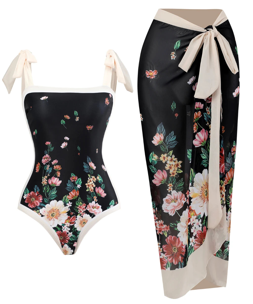 Women Flower Printed Two Pieces Suit Beachwear One Piece Swimwear/1-1-1-1