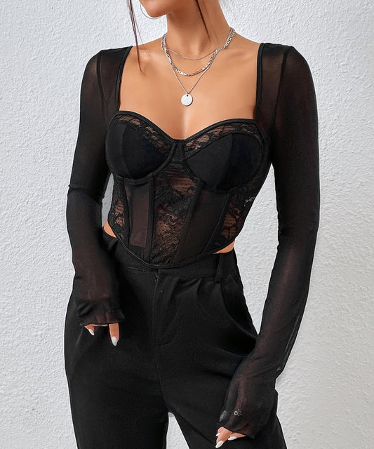 Long Sleeve Mesh Lace Sheer Bustier Square Neck Herringbone Women Corset Crop Top/ 2-1-1