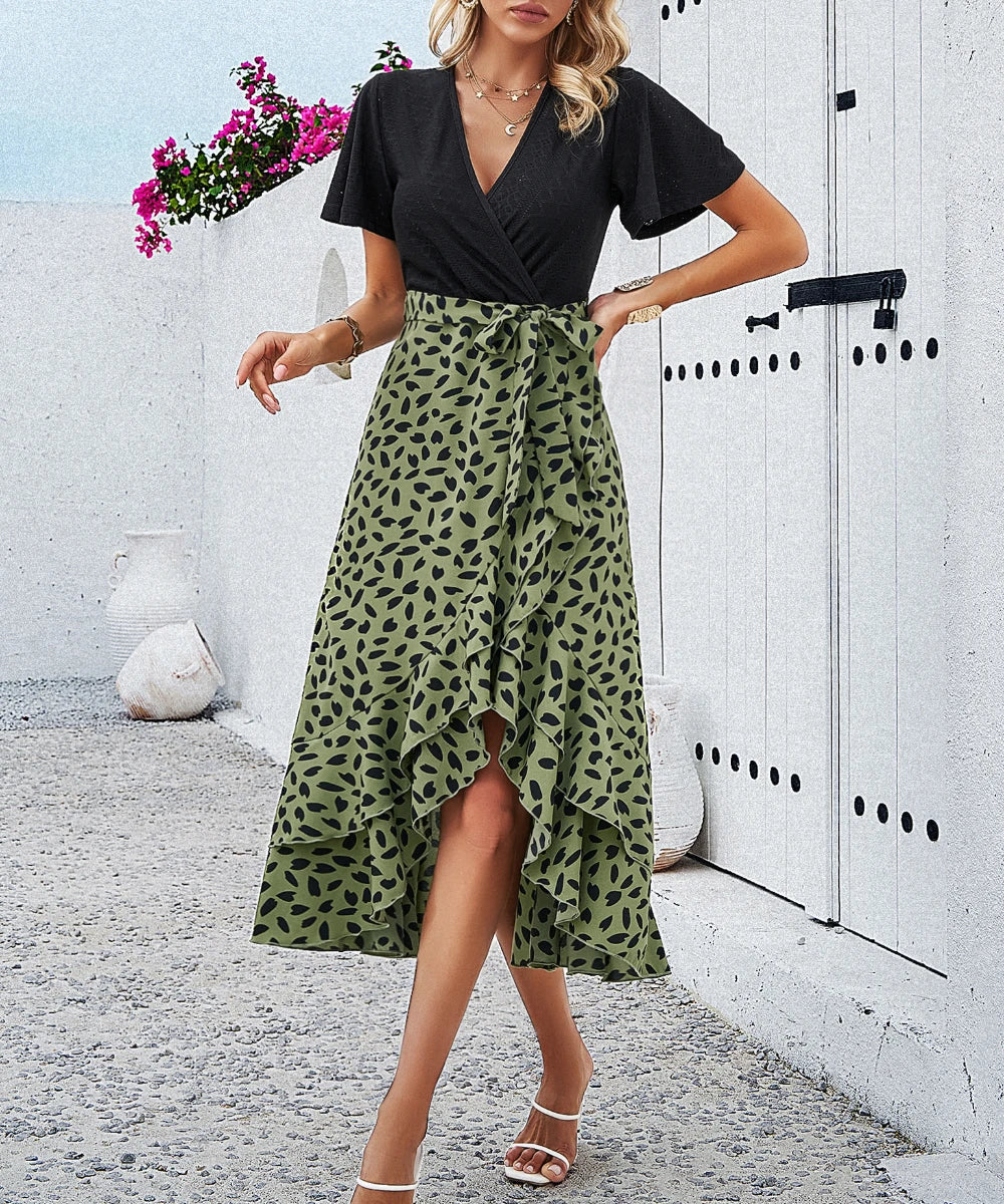 Women Frenchy Wrap Over Tie Printed Waist Short Sleeve Dresses/1-1-1-1