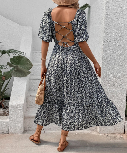 Women Summer Floral Printed Backless Lace Up Vintage Puff Sleeve Long Maxi Dresses/1-1-1-1