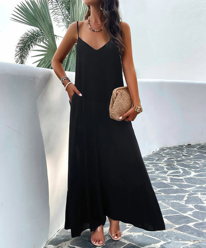 Women Summer Casual Solid Color Slip Maxi Dresses with Pocket/1-1-1-1