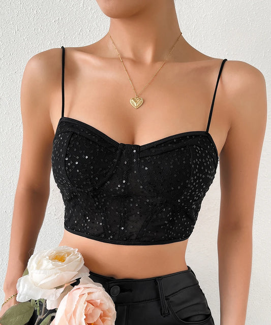 Women Mesh Mesh Sequined Sexy Crop Corset Top Spaghetti Strap Cami Bustier/2-2-1-1