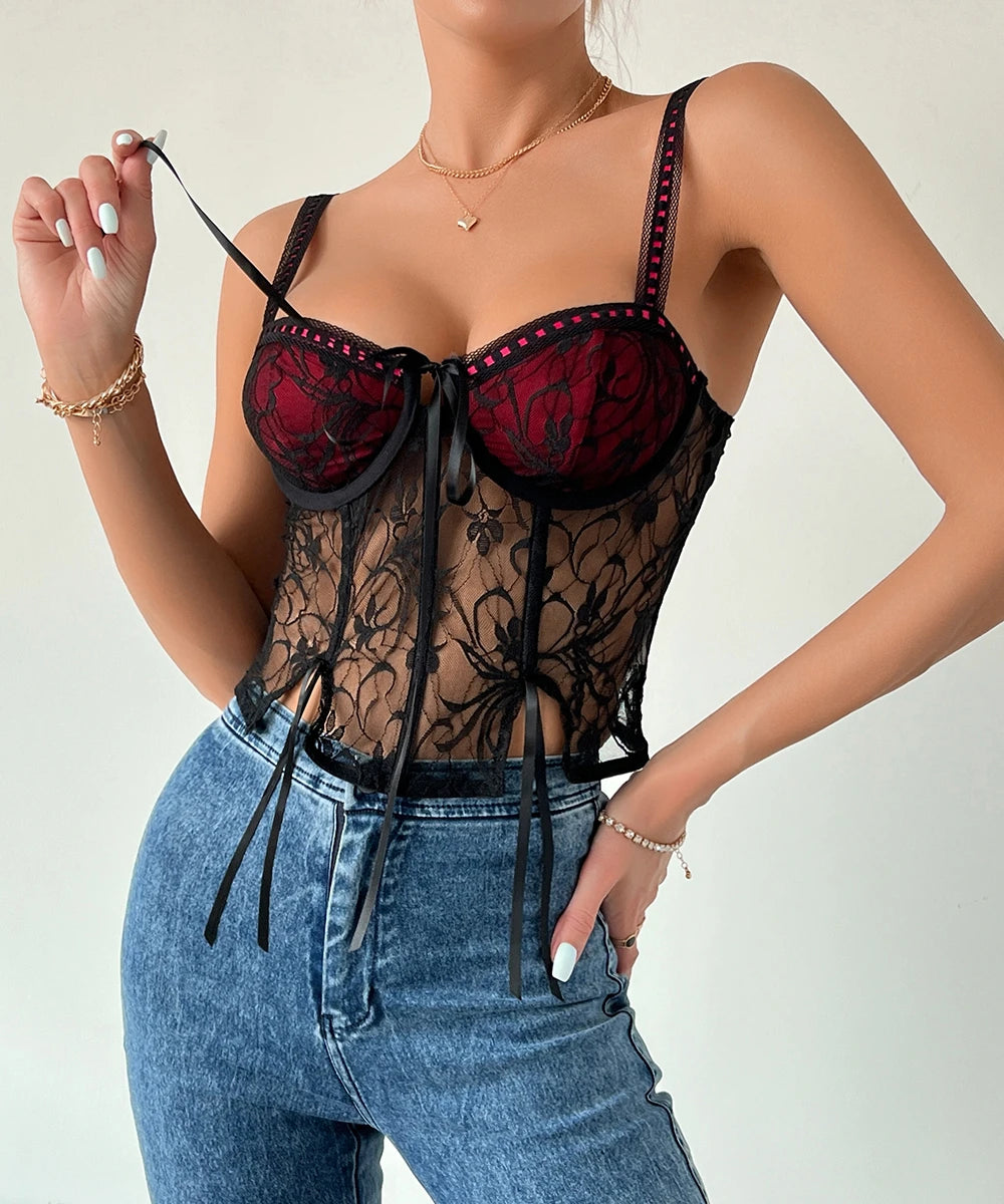 Sexy Lace Patchwork Cami Top Y2K Style Sheer Lingerie for Women /2-1-1