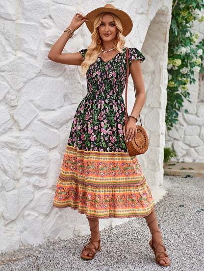 Women Ruffle Trim Bohemia Midi Dresses Western Style Printed Vacation Dresses/1-1-1-1