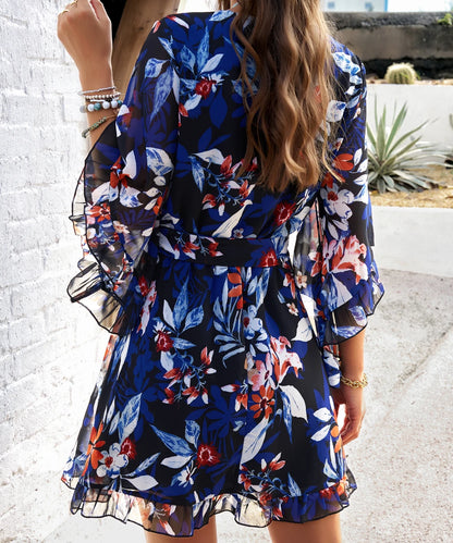 Women Elegant Printed Bell Sleeve Chiffon Wrap Dress with Belt/ 1-1-1-1