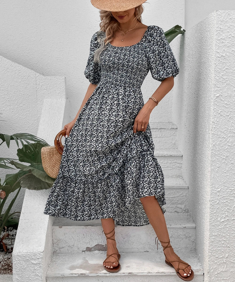 Women Summer Floral Printed Backless Lace Up Vintage Puff Sleeve Long Maxi Dresses/1-1-1-1