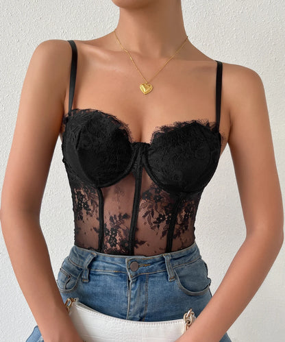 Women Sexy Cami Tank Top Sheer Lace Herringbone Bustier Lingerie / 2-1-1