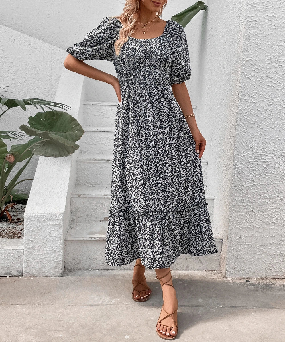 Women Summer Floral Printed Backless Lace Up Vintage Puff Sleeve Long Maxi Dresses/1-1-1-1