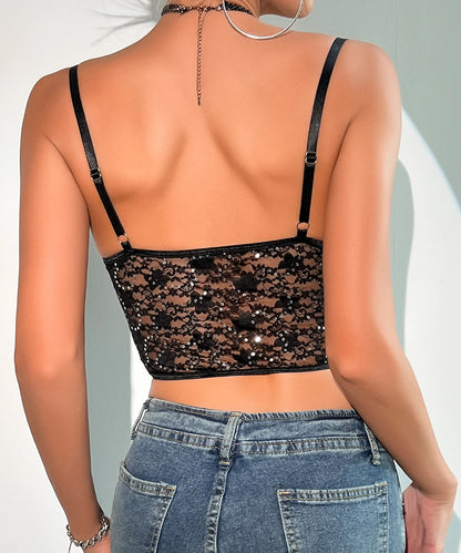 Women Lace Sequins Sheer Y2K Style Cami Crop Top / 1-1-1