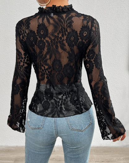 Women Lovely Lace Blouse Long Sleeve Hollow Out See Through Front Tie Top / 1-1-1-1