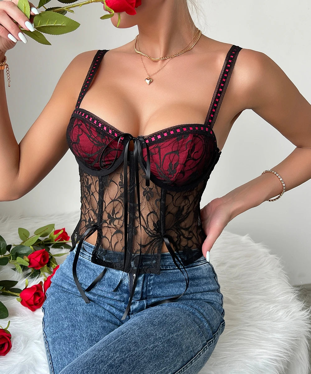 Sexy Lace Patchwork Cami Top Y2K Style Sheer Lingerie for Women /2-1-1