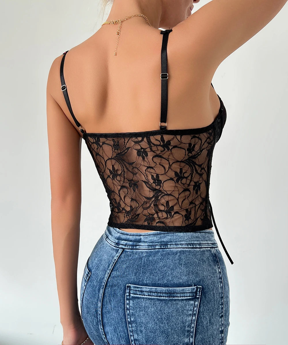 Sexy Lace Patchwork Cami Top Y2K Style Sheer Lingerie for Women /2-1-1