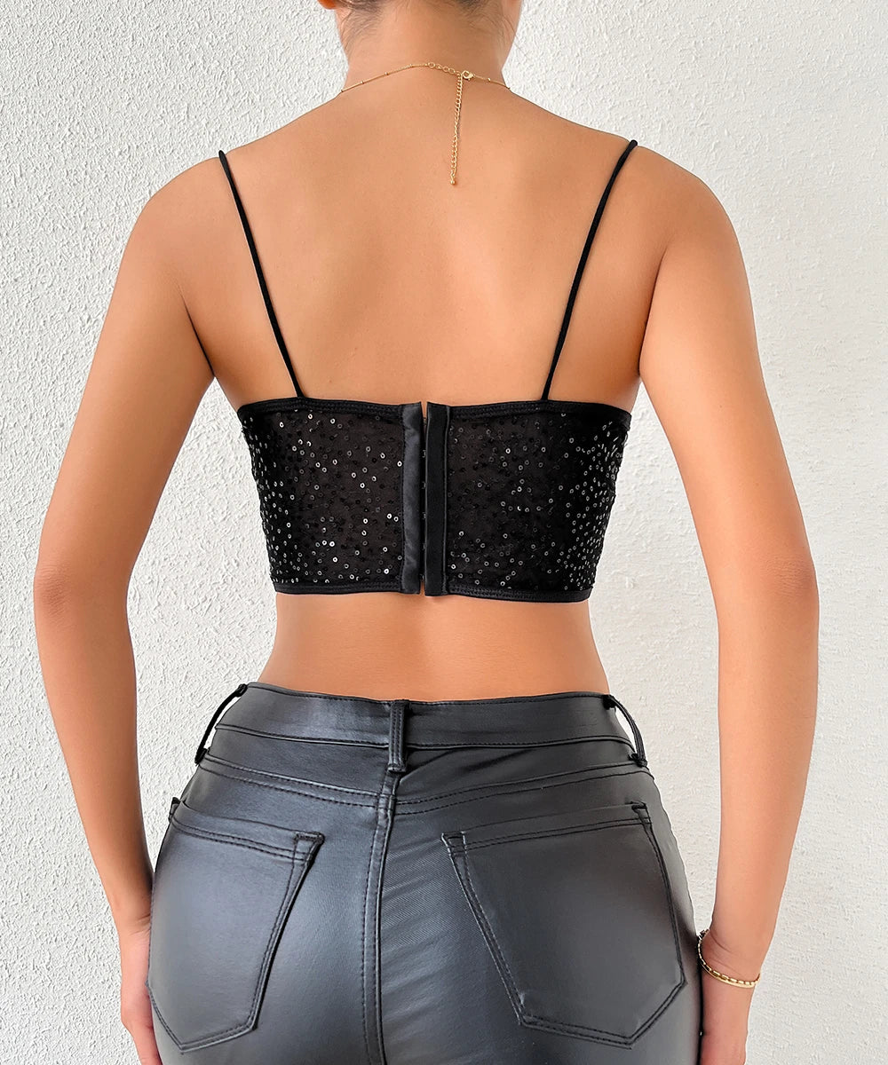 Women Mesh Mesh Sequined Sexy Crop Corset Top Spaghetti Strap Cami Bustier/2-2-1-1