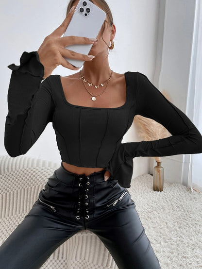 Women Crop Top Bell Sleeve Knitted T Shirt Y2K Style Long Sleeve Square Neck Tops/1-1-1-1