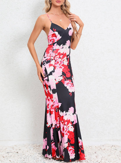 Women Sleeveless Flower Printed Slim Fit Fishtail Backless Maxi Dresses/1-1-1-1-1