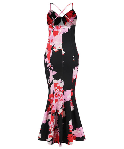 Women Sleeveless Flower Printed Slim Fit Fishtail Backless Maxi Dresses/1-1-1-1-1