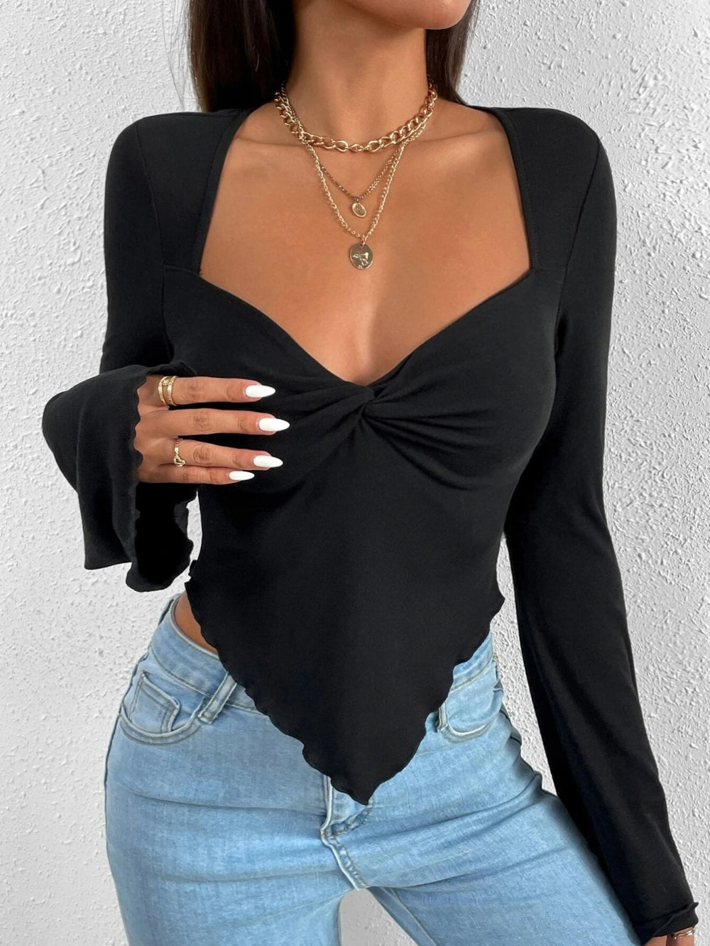 Women V Neck Irregular Hem Knit Flare Long Sleeve Sweatshirt T Shirt Tops/1-1-1-1