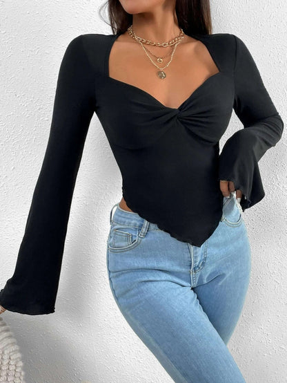 Women V Neck Irregular Hem Knit Flare Long Sleeve Sweatshirt T Shirt Tops/1-1-1-1