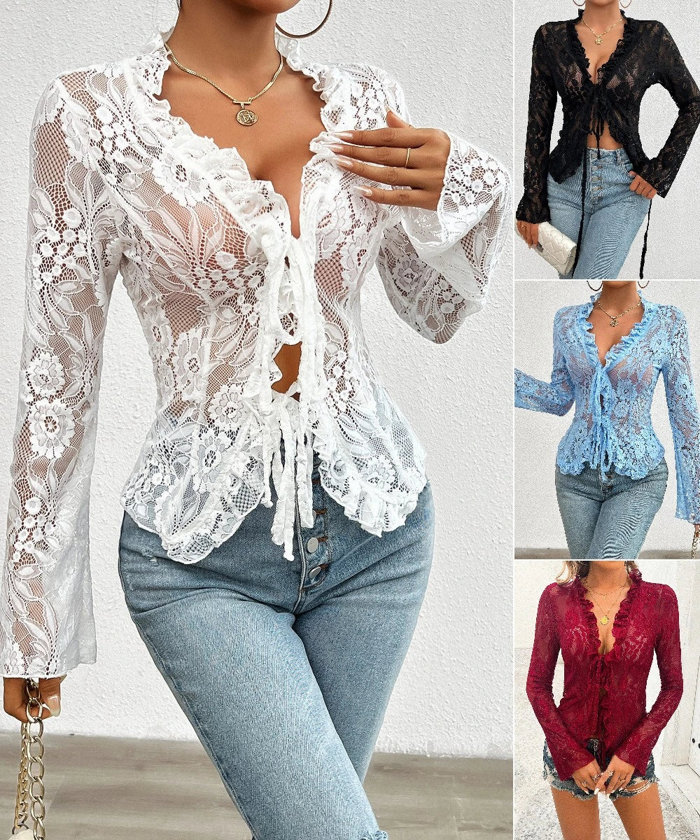 Women Lovely Lace Blouse Long Sleeve Hollow Out See Through Front Tie Top / 1-1-1-1