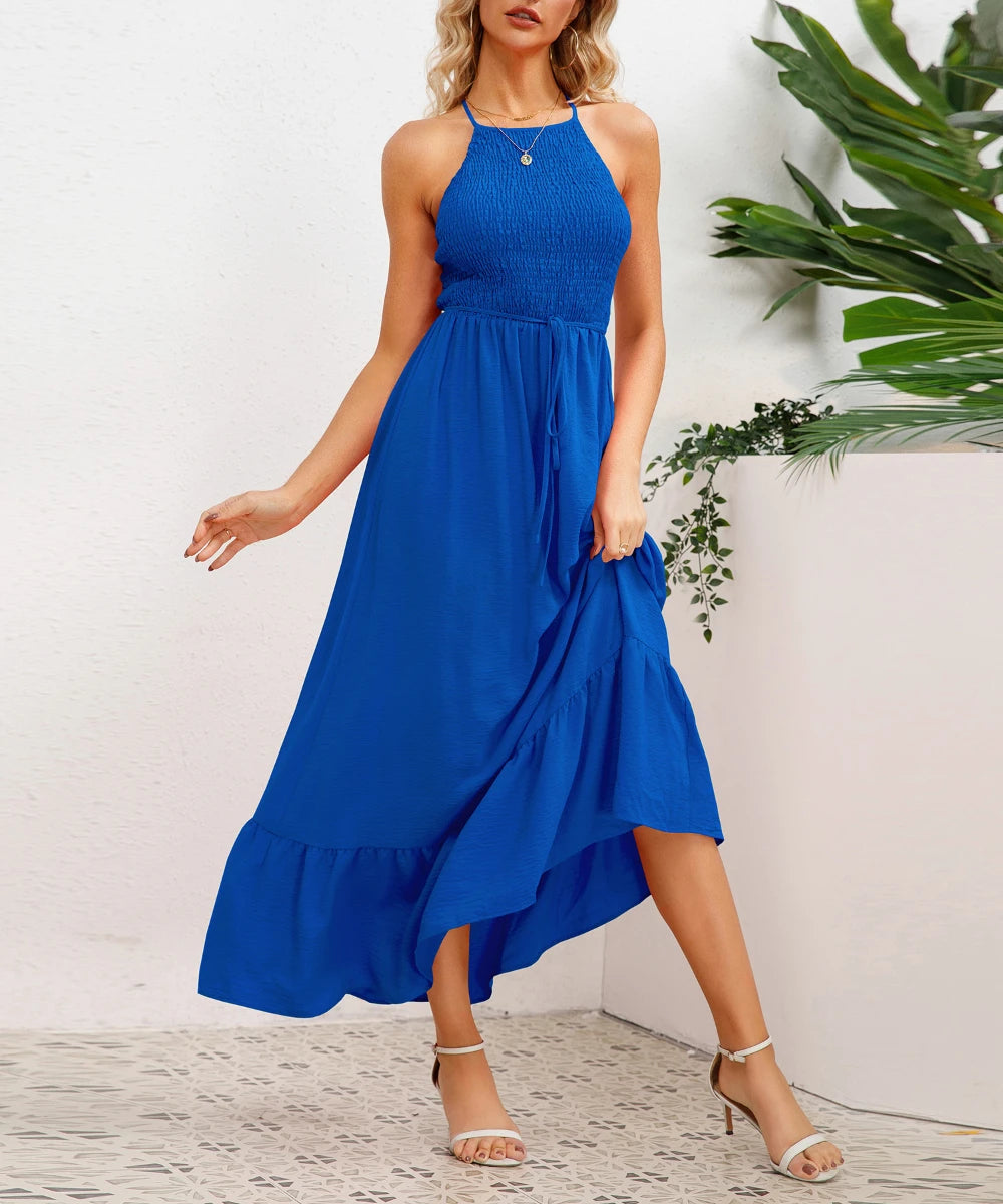 Women Summer Backless Shirred Backless Halter Maxi Dresses /1-1-1-1-1