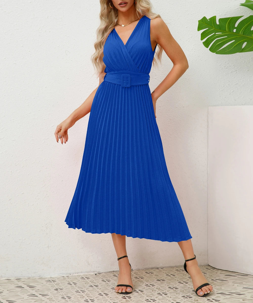 Women Summer Sleeveless V Neck Pleated Midi Dresses/1-1-1-1-1