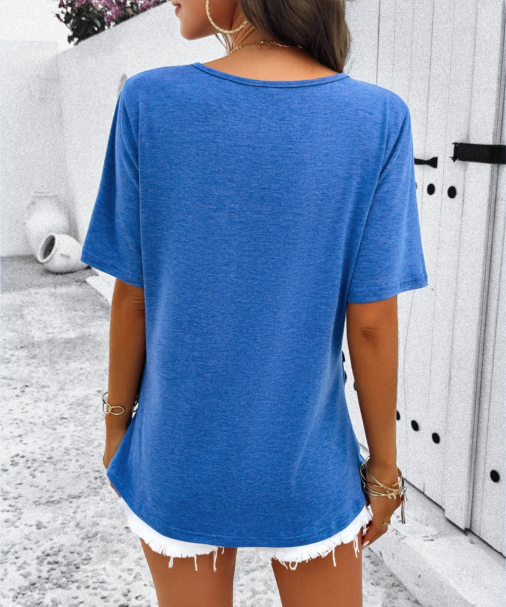 Women Solid Color Short Sleeve Button Up Zipper T-Shirt Blouse Top/1-1-1-1