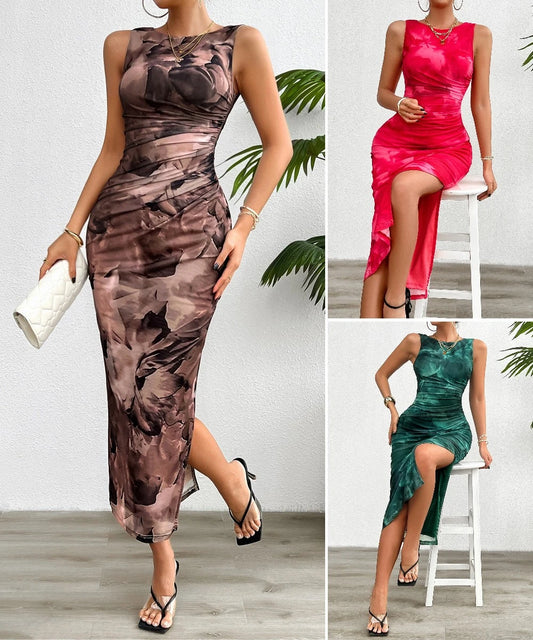 Women Summer Sexy Bodycon Dresses Sleeveless Printed Side Slit Mesh Dresses/1-1-1-1