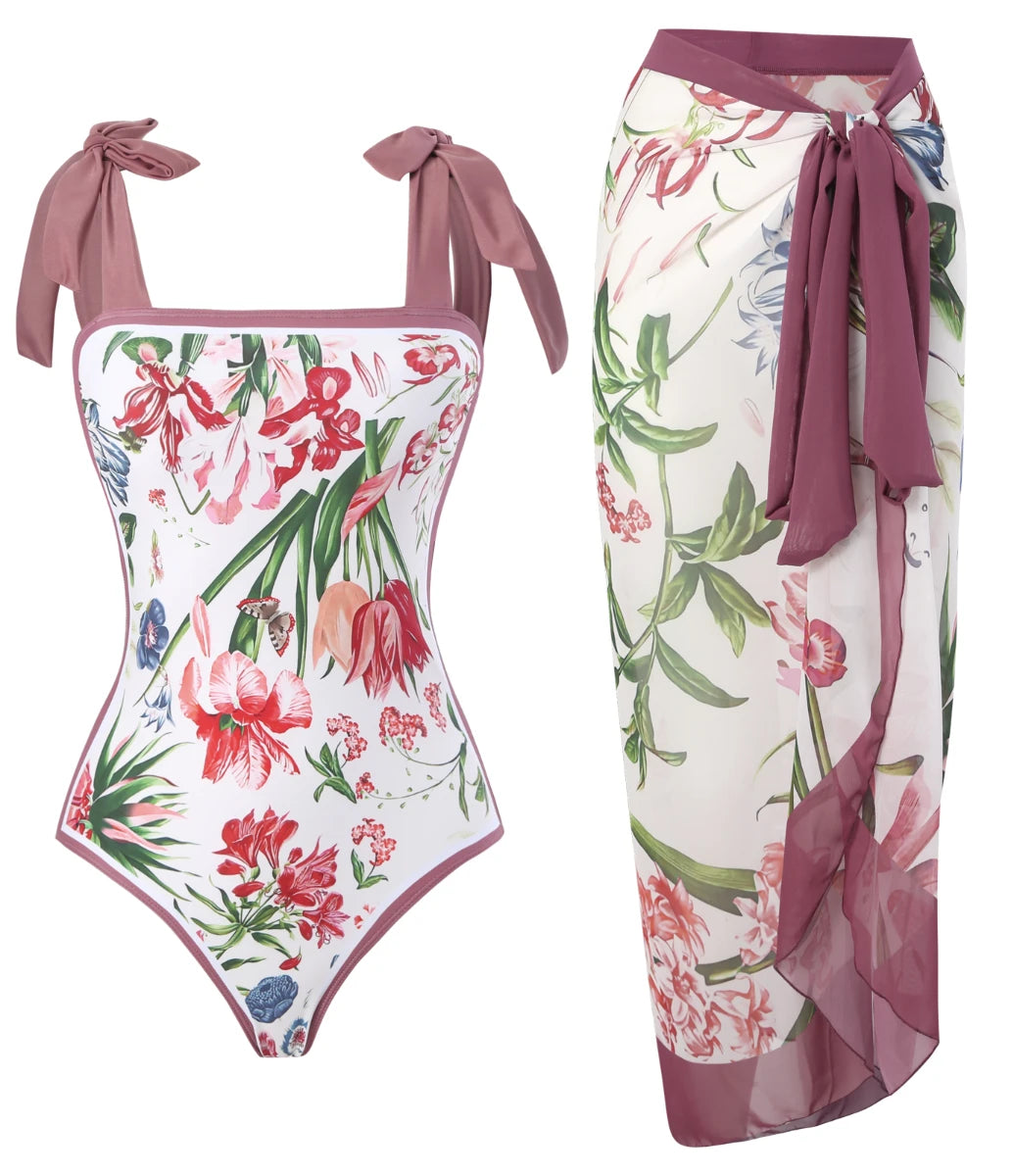 Women Flower Printed Two Pieces Suit Beachwear One Piece Swimwear/1-1-1-1