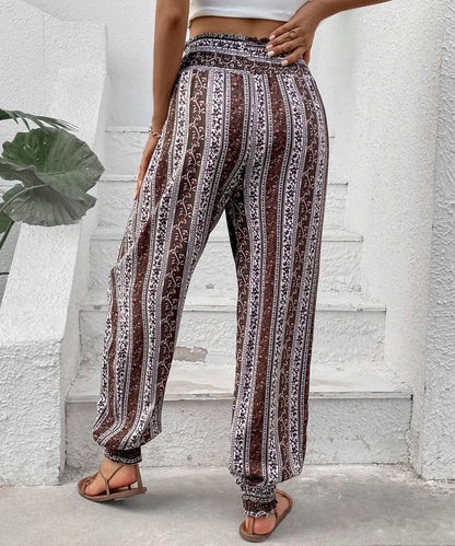 Women Casual Boho Ditsy Floral Printed High Waist Shirred Carrot Trousers Bottom/1-1-1-1