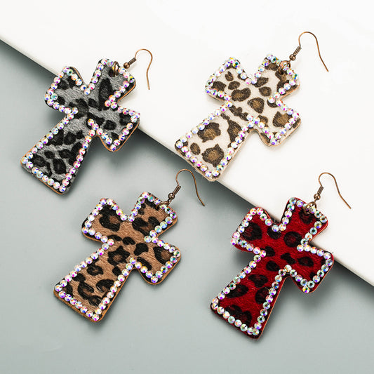 Vintage Leopard Printed Cross Design Earring Boho Jewelry