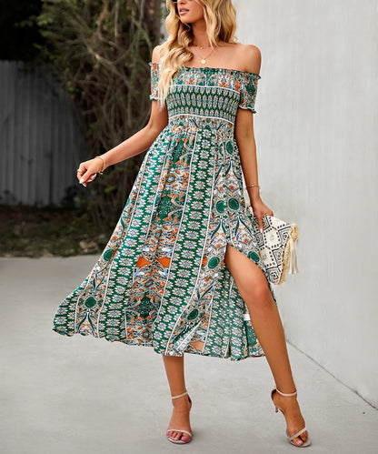 Women Summer Printed Off the Shoulder Short Sleeve Vintage Side Split Dresses/1-1-1-1