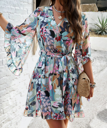 Women Elegant Printed Bell Sleeve Chiffon Wrap Dress with Belt/ 1-1-1-1