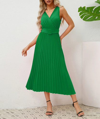 Women Summer Sleeveless V Neck Pleated Midi Dresses/1-1-1-1-1