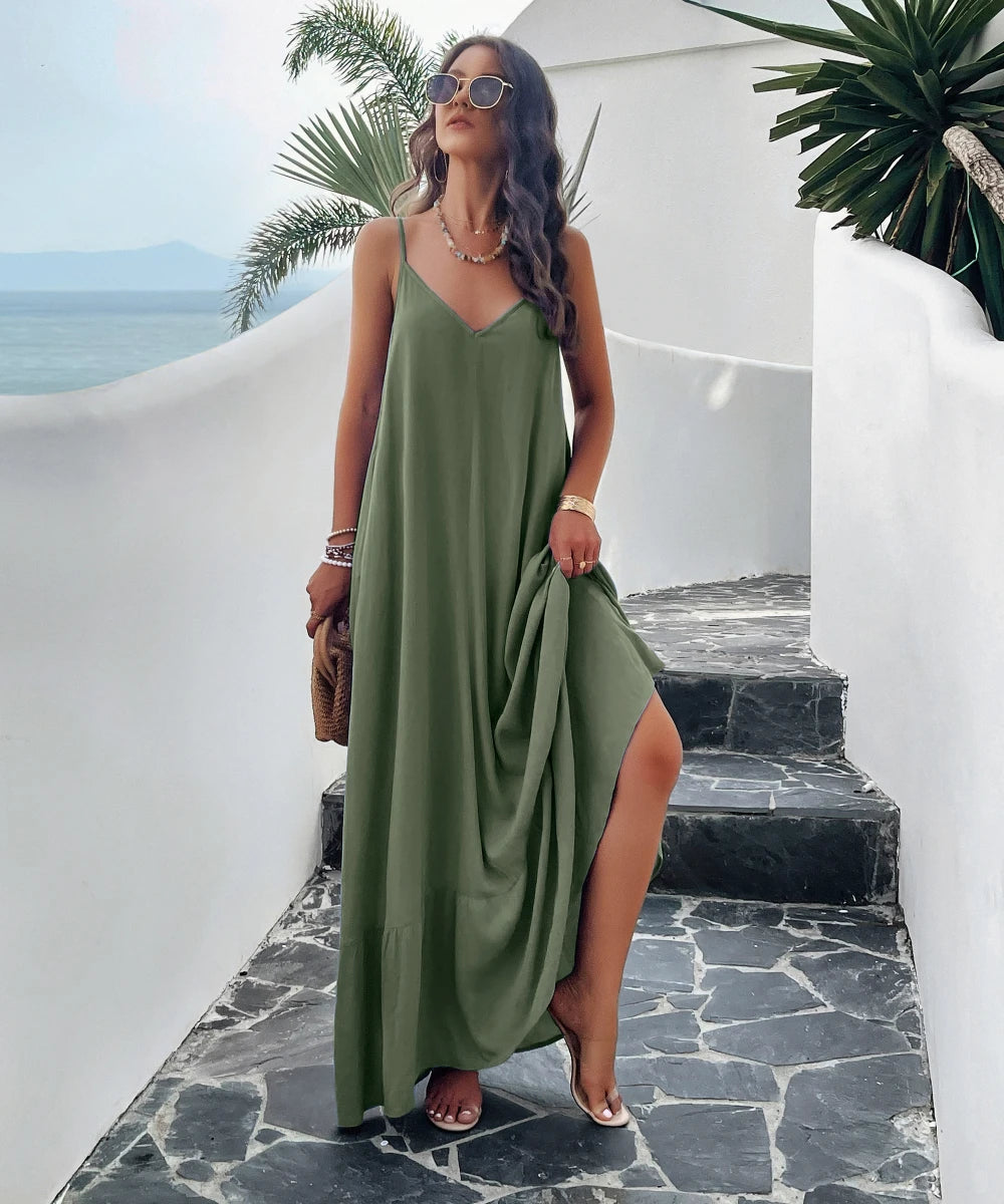 Women Summer Casual Solid Color Slip Maxi Dresses with Pocket/1-1-1-1