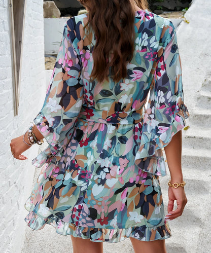 Women Elegant Printed Bell Sleeve Chiffon Wrap Dress with Belt/ 1-1-1-1