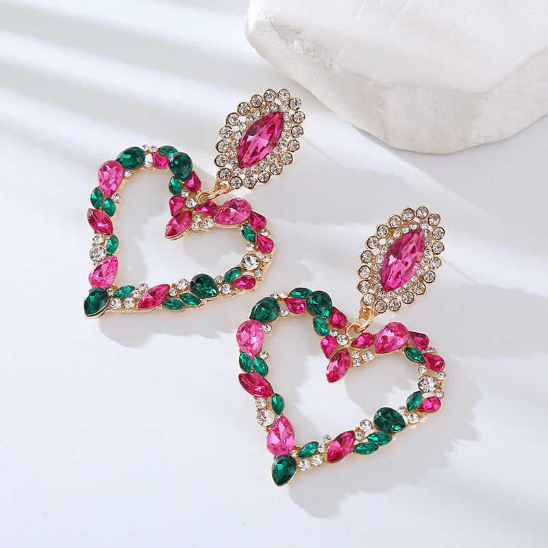 Women Girl Heart Shaped Shiny Rhinestone Earring