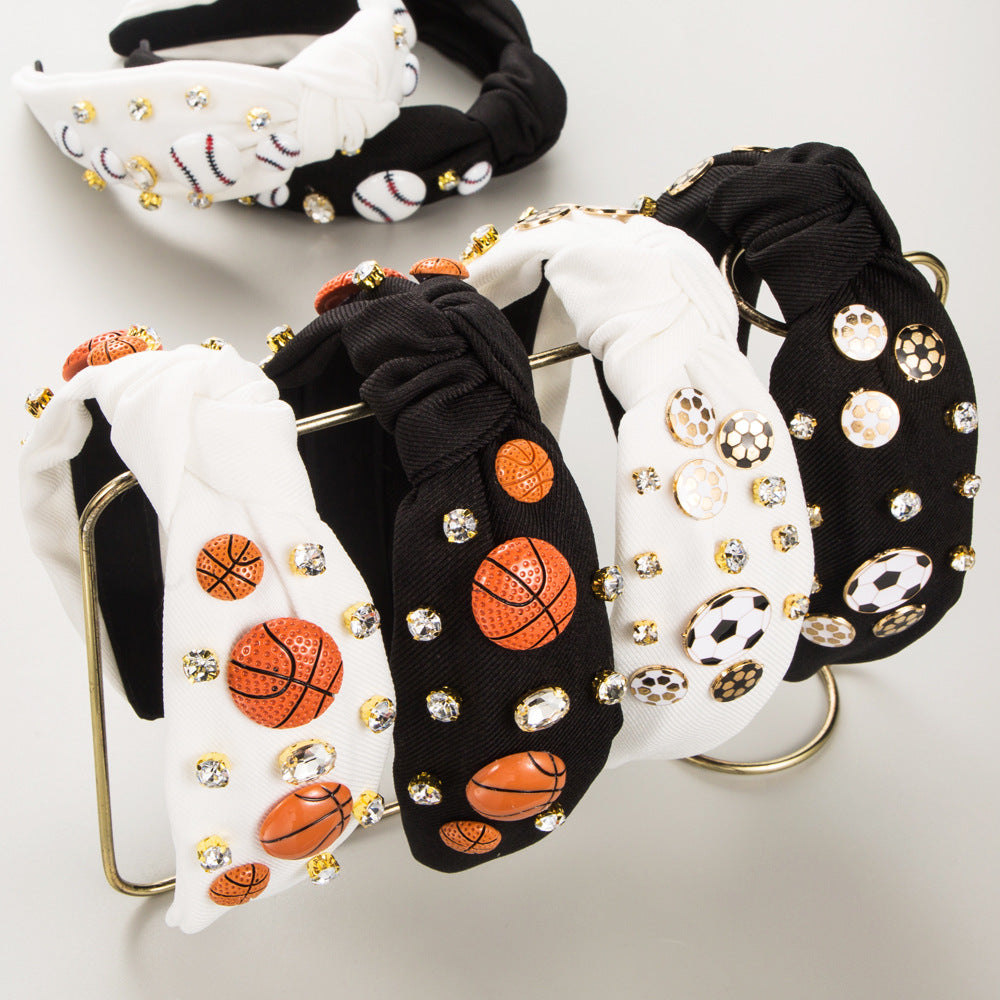 Sporty Basketball Football Baseball Patch Decor Headband Cross Top Knot Rhinestones Decor Hairband