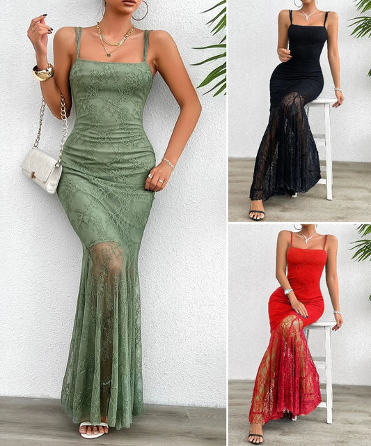 Women Elegant Lace Strap Dresses Sleeveless Slim Long Maxi Dresses/1-1-1-1