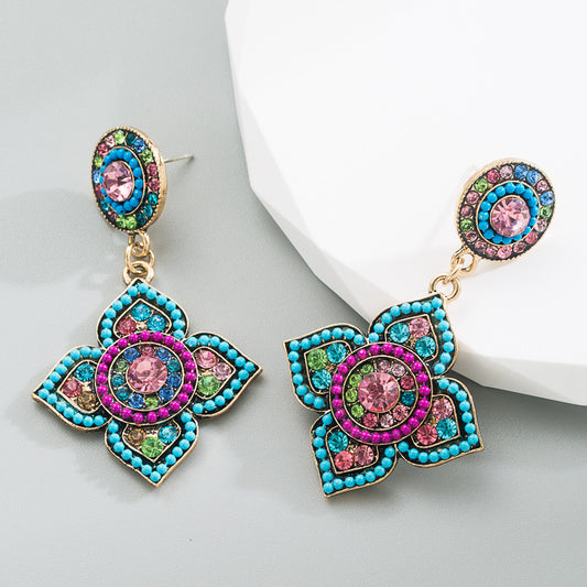 Vintage Boho Luxury Colorful Rhinestone Flower State Earring Jewelry