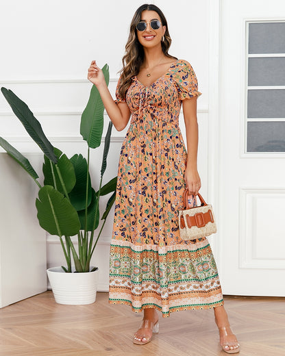 Women Western Style Boho Dresses Printed Short Sleeve Summer Dresses/1-1-1-1-1