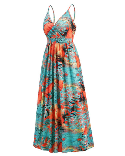 Women Summer Printed Spaghetti Strap Sleeveless Maxi Dress/1-1-1-1-1