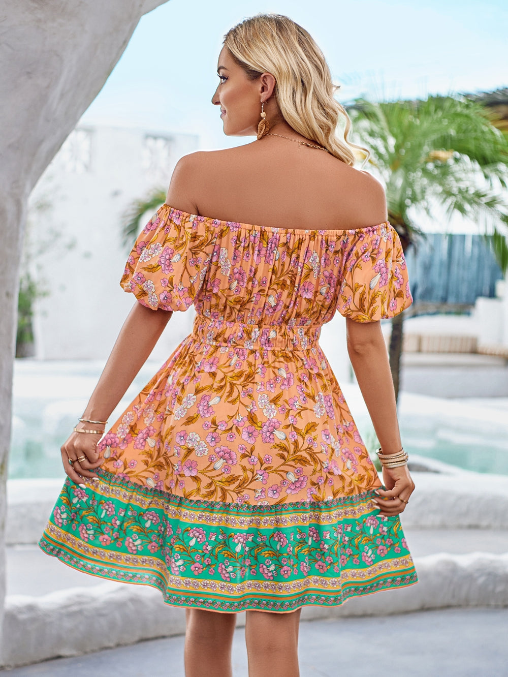 Women Summer Fashion Off the Shoulder Dresses Bohemia Western Printed A Line Dresses/1-1-1-1