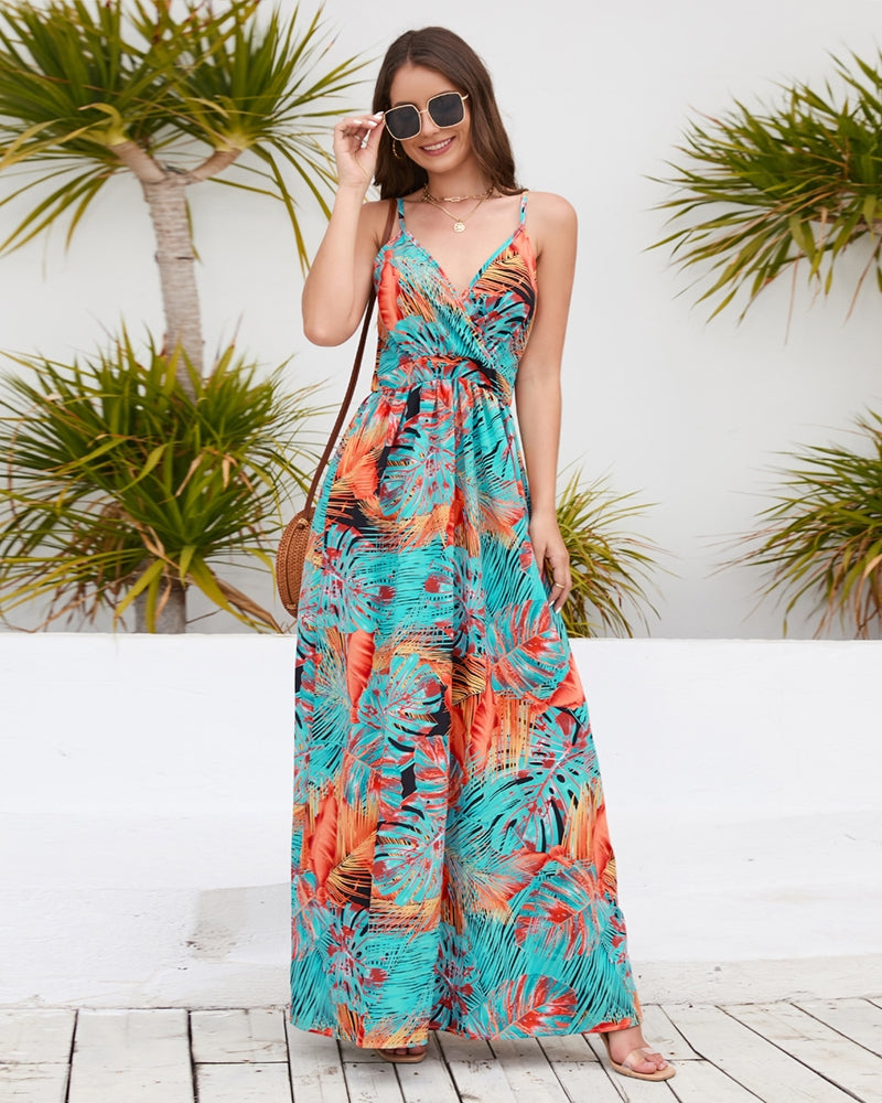 Women Summer Printed Spaghetti Strap Sleeveless Maxi Dress/1-1-1-1-1