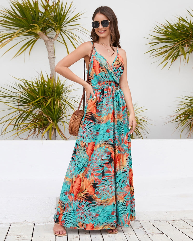 Women Summer Printed Spaghetti Strap Sleeveless Maxi Dress/1-1-1-1-1