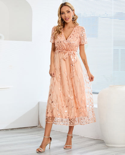 Women Summer Embroidered Bright V Neck Short Sleeve Midi Party Dresses With Belt/1-1-1-1-1